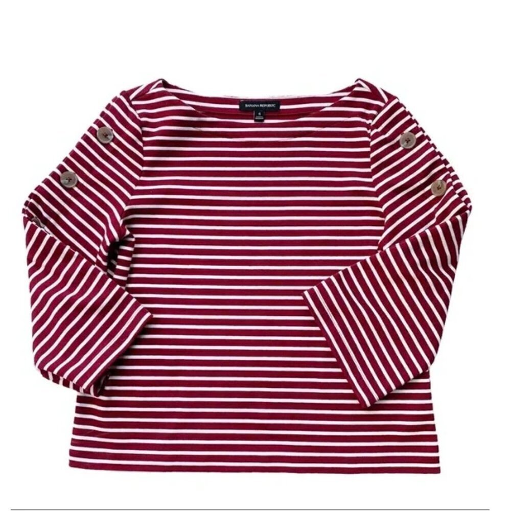 Banana Republic Maroon Striped Button Sleeve‎ Top Burgundy/White Size S